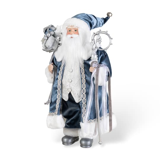 Glitzhome; Glitzhome® 18" Faux Fur Deluxe Blue Christmas Santa Figurine with Porcelain Face; Category:Christmas Santas; Image:1